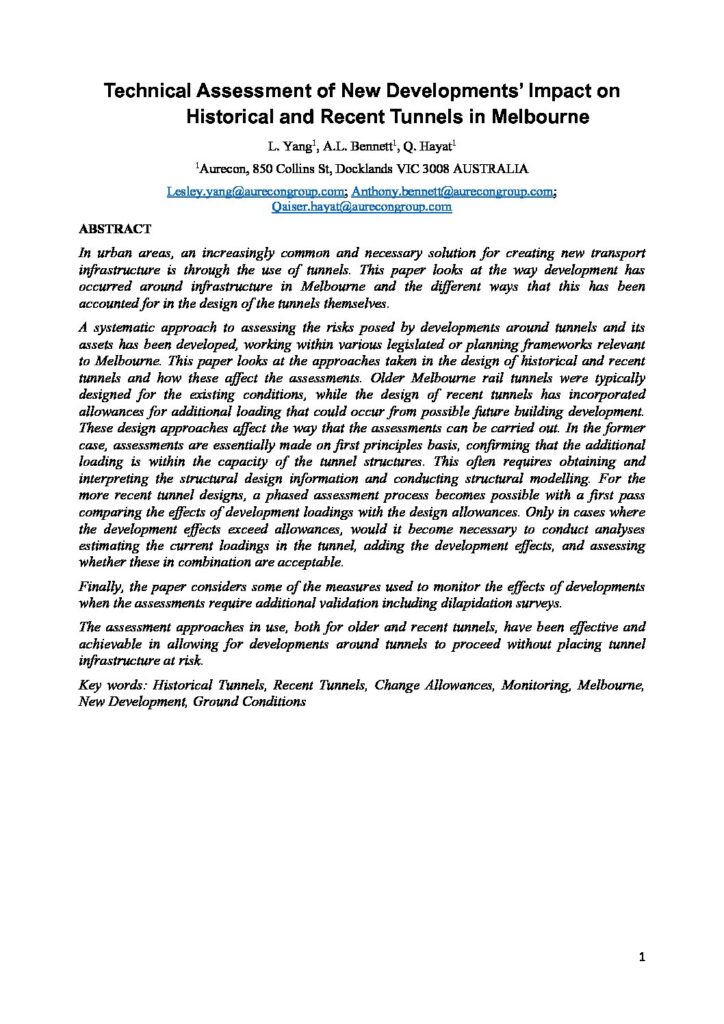 First page of the paper: Technical Assessment of New Developments’ Impact on Historical and Recent Tunnels in Melbourne
